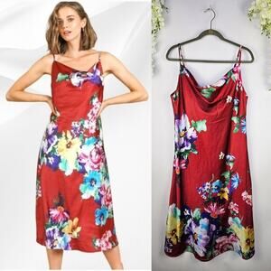 Umgee USA Floral Slip Dress Red Satin Midi Watercolor Floral Medium Spring Chic